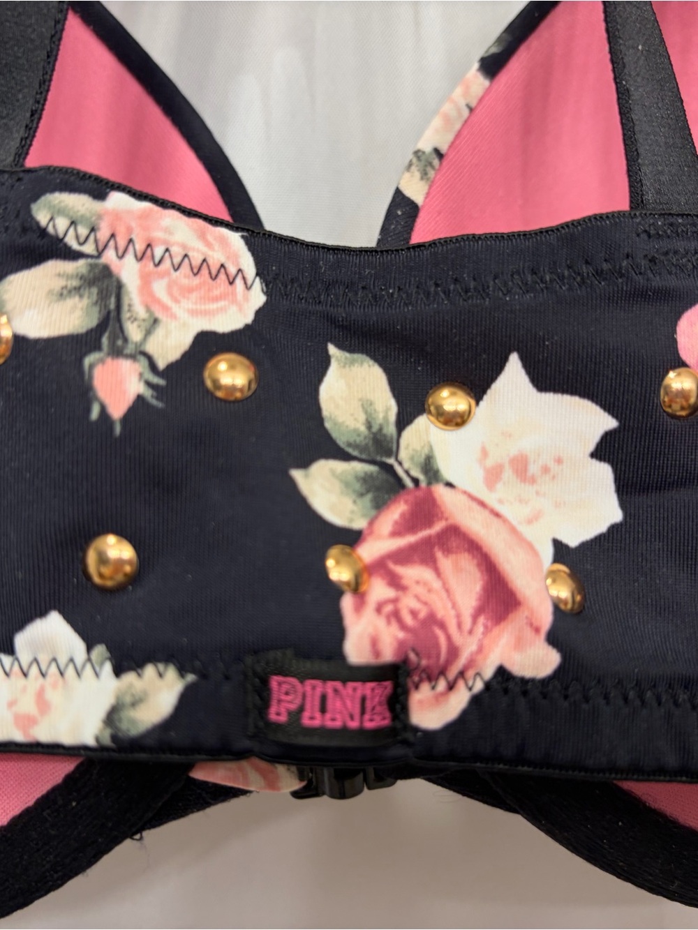 Floral Strappy Back Push-Up Bra - Black with Pink Roses - Picture 3 of 5